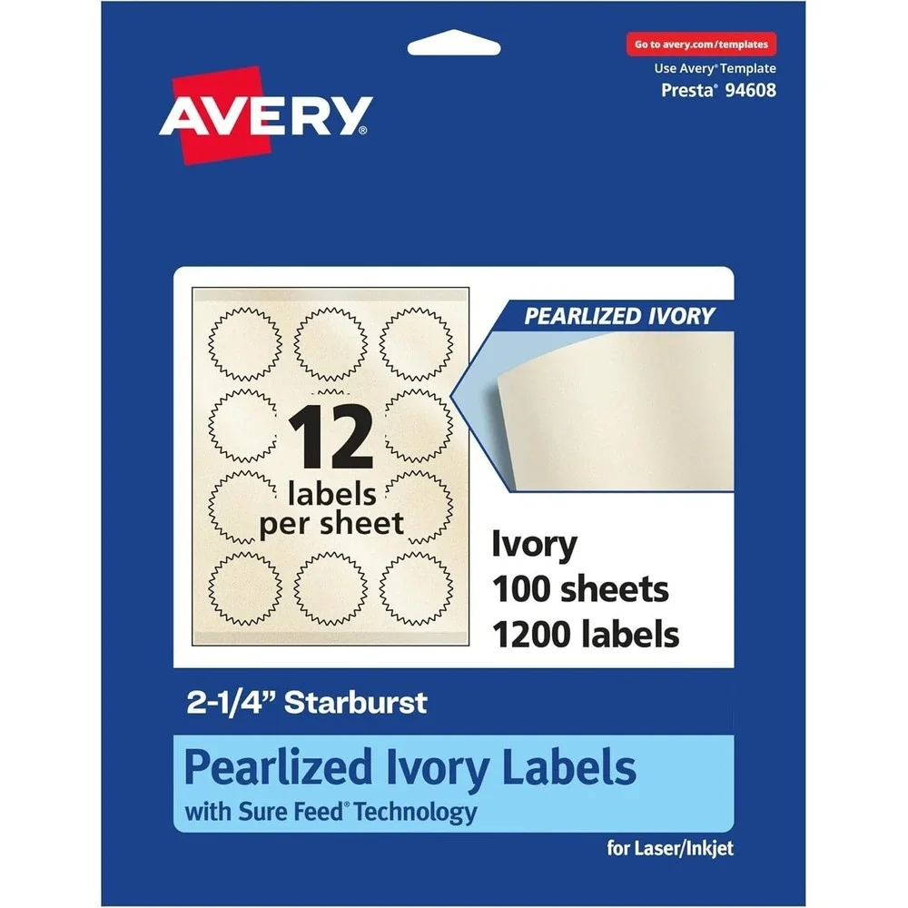 Avery Pearlized Ivory Starburst 1200 Labels, Sure Feed Print-to-The-Edge NEW!